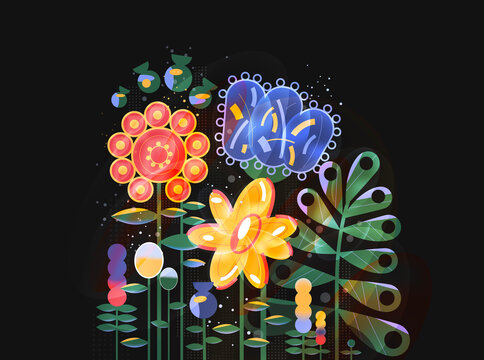 Bright abstract flowers on a dark background