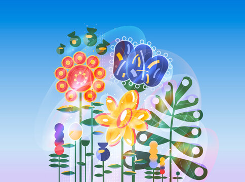 Bright abstract flowers on a blue background