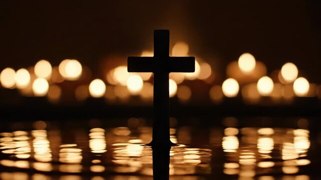 Cross silhouette against a backdrop of glowing candles and reflections