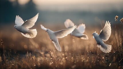 Obraz premium Four white doves in peaceful flight over a sunlit field