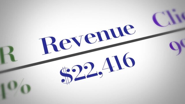 Click Through Rate, Revenue and Clicks increasing on the website dashboard 4k animation. Tech, web, online store, strategy