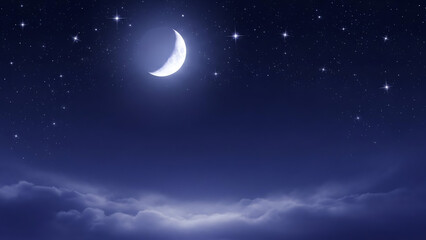 Dreamy indigo night sky with glowing crescent moon and stars for Ramadan copy space