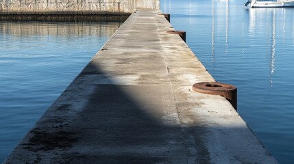 Functional concrete dock road extending into calm harbor waters, geometric shadows from harbor infrastructure, occasional drain covers and service hatches breaking visual monotony, distant sailboats