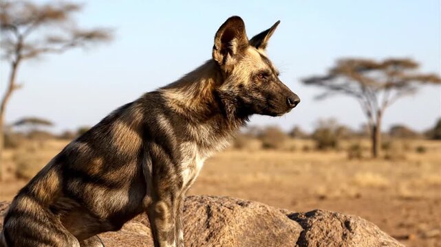 A striking wild canine with its distinctive spotted and striped coat sits vigilantly atop a sun-baked rock, keenly observing the vast, arid savanna stretching into the blurred distance. Its large, exp