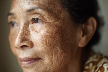 Gentle close-up of aging skin showing brown patches and liver spots on a senior Asian woman's face