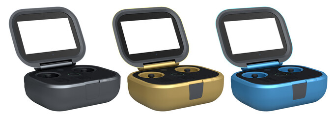 Flying photo and video drone remote with action camera isolated on white