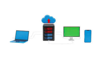 Cloud Computing Network with Server, Laptop, Monitor, and Smartphone