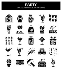 Collection of 25 Party Icons. Festive Supplies. Drinks & More