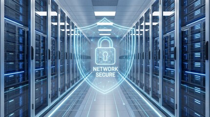 Digital Network Security Concept: Glowing Shield with Padlock in Modern Data Center Server Room for Data Protection
