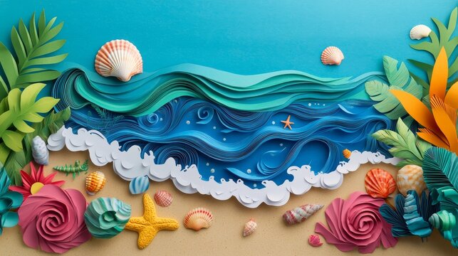 Whimsical papercraft beach scene with textured handmade paper representing sand, accordion-folded elements creating wave motion, tiny paper seashells scattered along shoreline, tropical elements