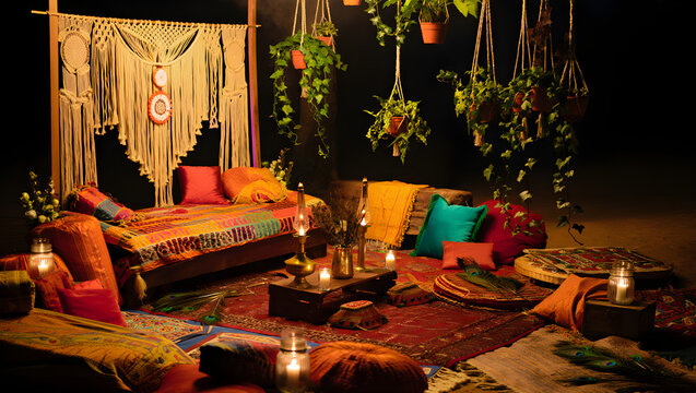 Bohemian Mehandi Stage Bohemian chic mehandi stage with macrame and earthy Rajisthani textiles