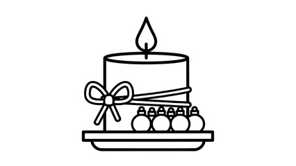 A festive candle with a red bow and colorful Christmas ornaments on a wooden tray