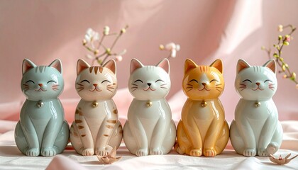 "Pastel bunny figurines arranged in rows on colorful sections of blue, pink, and peach"