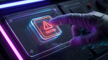 Gloved Hand Activates Glowing Caution Button on Futuristic Control Panel