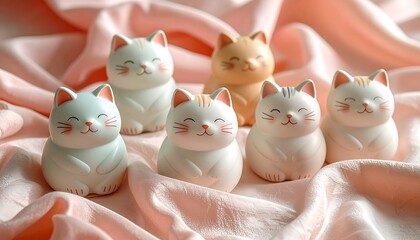 "Pastel bunny figurines arranged in rows on colorful sections of blue, pink, and peach"