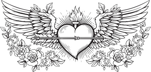 Fototapeta premium Winged Heart with Arrow Tattoo Vector – Classic Love & Freedom Symbol