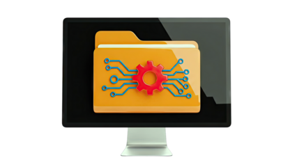Computer Monitor Displaying Folder with Gear and Circuit