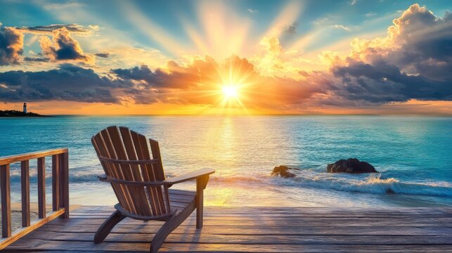 Inviting teak Adirondack chair centered on spacious deck overlooking secluded beach cove, spectacular sunset with sunbeams piercing clouds, calm turquoise waters transitioning to deep blue, weathered