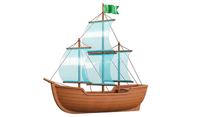 Wooden Ship with Blue Sails and Green Flag