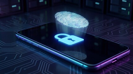 Digital Security: Fingerprint Scan on Smartphone with Glowing Padlock Icon, Biometric Authentication for Data Protection