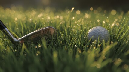 Golf club resting beside a golf ball on dew-covered grass in natural daylight