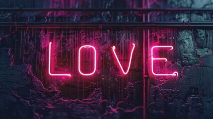 Neon love sign on grungy wall for Valentine day celebration and romantic design