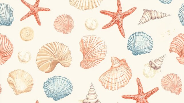 Delicate hand-drawn seamless pattern featuring diverse seashells, spiral conch shells, starfish in varying sizes, scallops with intricate ridges, sand dollars, minimalist flat style illustration,