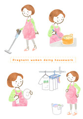 笑顔で家事をするエプロンをつけた妊婦さんのイラストセット