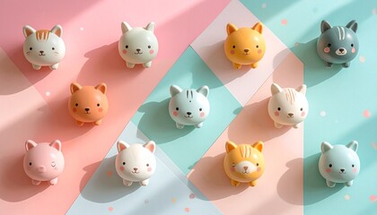 "Pastel bunny figurines arranged in rows on colorful sections of blue, pink, and peach"