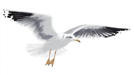 Scientifically accurate illustration series featuring gray-backed white seagull in characteristic poses, bird in flight showing aerodynamic form, standing upright, pecking at ground, territorial