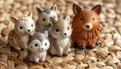 "Pastel bunny figurines arranged in rows on colorful sections of blue, pink, and peach"