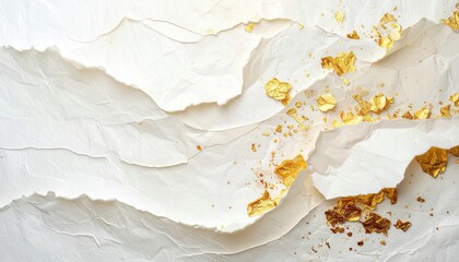 "Abstract textured white surface with crinkled layers and scattered gold and bronze foil accents"