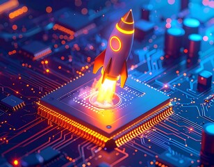 Cartoon rocket blasting off from a computer chip, on circuit board
