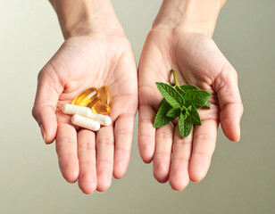A person holds various capsules and fresh mint leaves in their open palms, symbolizing a choice between modern dietary supplements and natural herbal remedies.