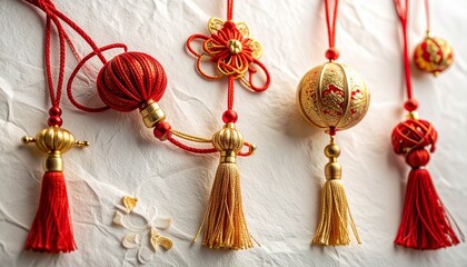 "Traditional Chinese decorative tassels with red and gold knotwork and ornate ornaments"