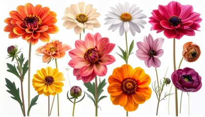 "Colorful cosmos flowers arranged with vibrant petals and green stems on white background"