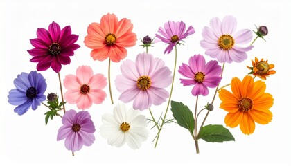 "Colorful cosmos flowers arranged with vibrant petals and green stems on white background"