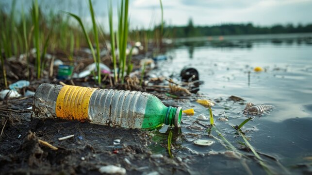 Close-up of plastic debris accumulated at lake shoreline, weathered bottles and fragmented microplastics embedded in once-pristine mud, cloudy water with visible chemical leaching, native reeds