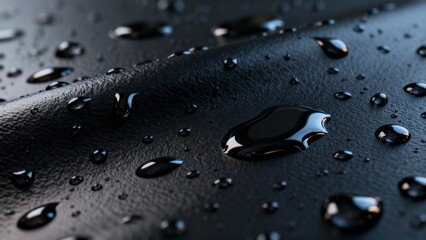 Abstract background texture featuring dark smooth surface covered with rain water drops, gentle gradients, reflective sheen, and moody cinematic atmosphere, ideal for dramatic design, overlays, wallpa