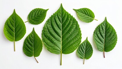"Symmetrical arrangement of green serrated leaves on white background"