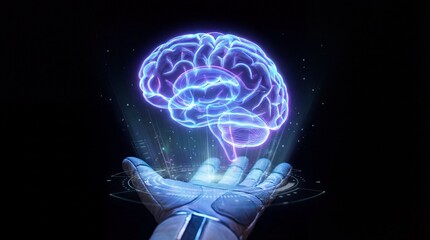 Futuristic Hand Holding Glowing Holographic Brain. AI, Digital Intelligence & Advanced Technology Concept.