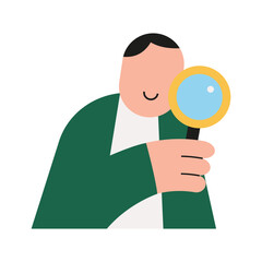 Flat modern illustration of a man holding magnifying glass, representing search, analysis, research, investigation, and problem solving concept with simple character design.