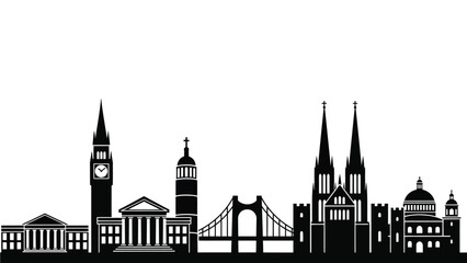 Obraz premium A black silhouette of a city skyline with various buildings and landmarks.