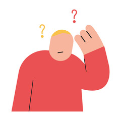Flat modern illustration of a confused man raising hand with question marks, representing doubt, confusion, problem solving, decision making, and uncertainty concept.