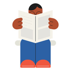 Flat modern illustration of a person reading a newspaper, representing learning, education, knowledge, information, and self development concept with simple character design.