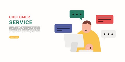 Customer service. Flat modern illustration of customer service agent working on computer with chat bubbles, representing online support, communication and customer assistance concept.
