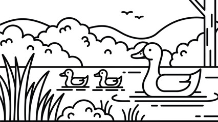 A cartoon illustration of a serene lake scene with ducks swimming in the water