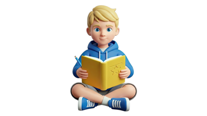 3D Cartoon Boy Reading a Book with a Pencil