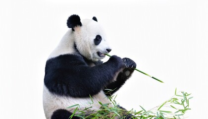 Giant Panda Eating Fresh Bamboo on White Background © buivan