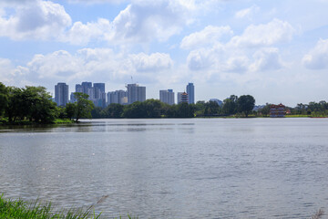 Panorama view of Jurong Lake with Chinese Garden, pagodas and apartment towers, Singapore